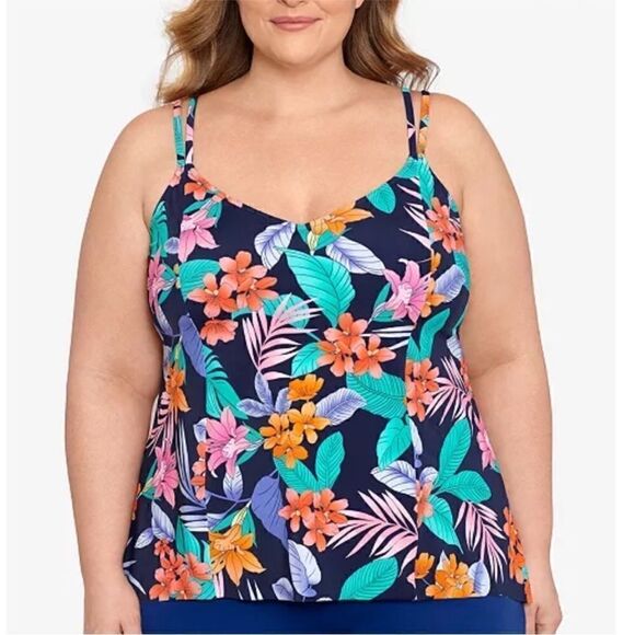 Swim Solutions Navy Multi Plus Size swimsuit Double Strap Tankini Size 16W $79 - Picture 1 of 15